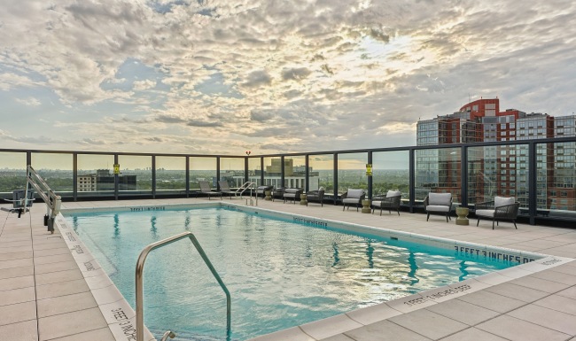 Rooftop pool at dusk.